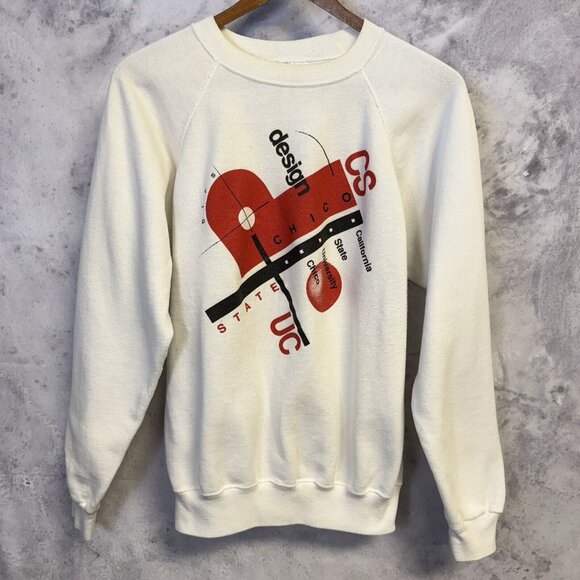 Vintage 80s Chico State Sweatshirt Mens Large White Crew Neck Design USA - Picture 1 of 11